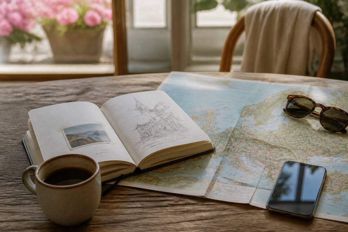 Reisplanning met kaart, notitieboek en smartphone op tafel