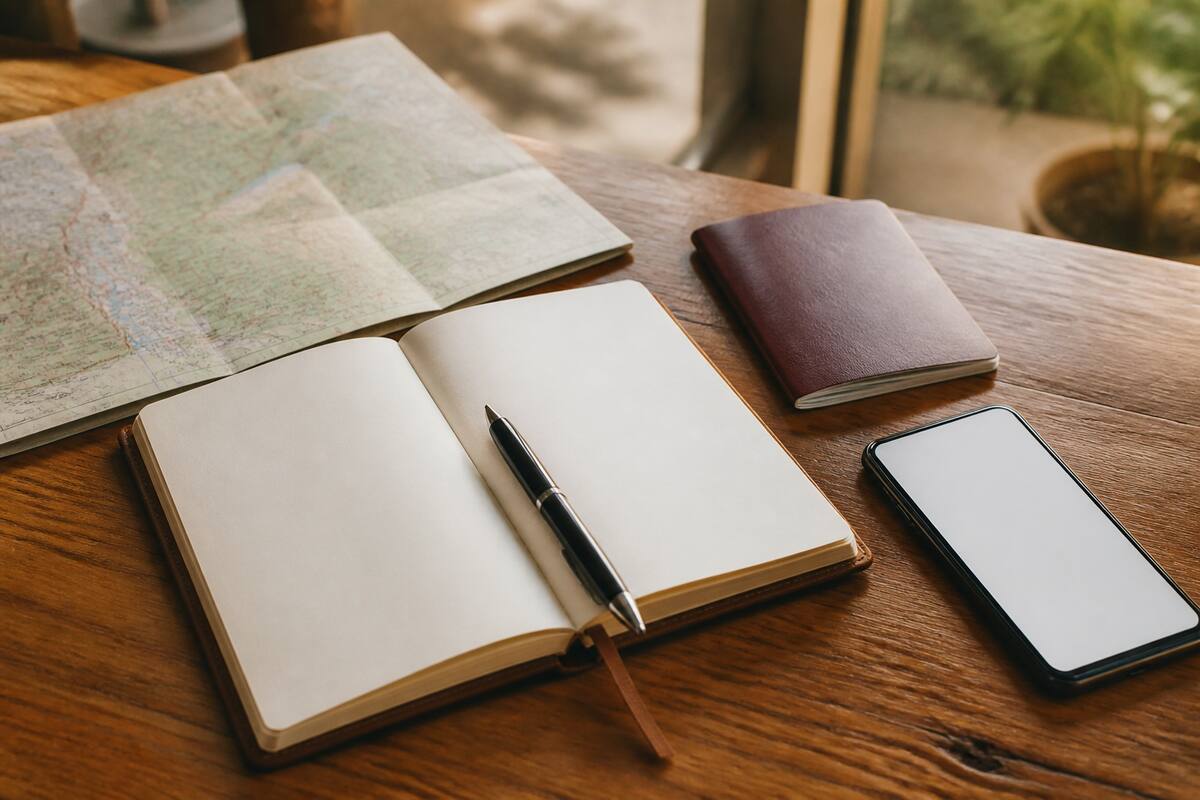 Reisplanning met notitieboek, kaart en paspoort op tafel