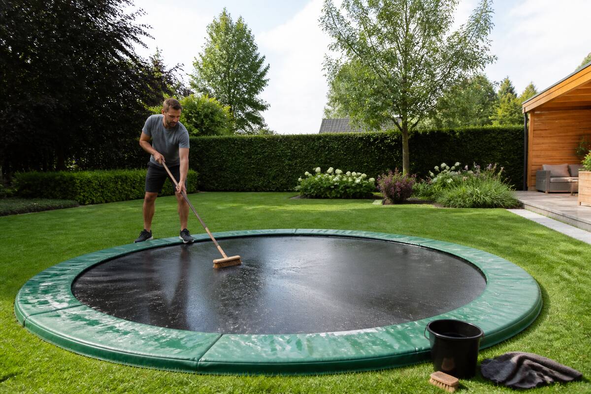 Trampoline in de tuin wordt schoongemaakt voor seizoensonderhoud