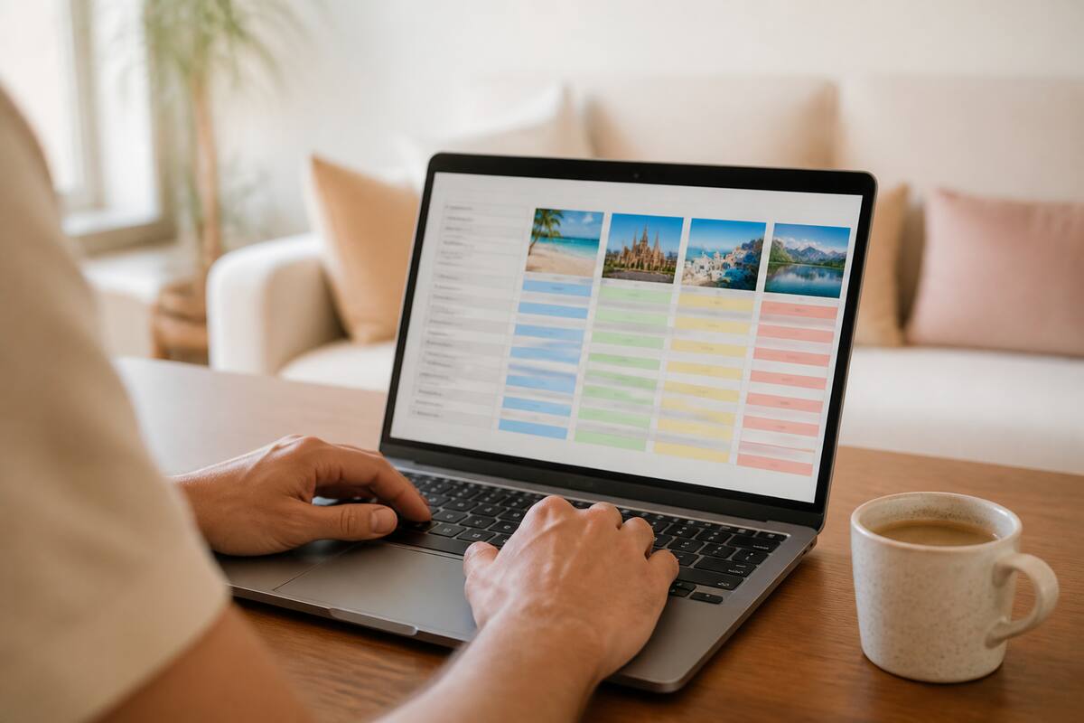 Iemand vergelijkt vakanties op een laptop met een checklist om stress te voorkomen