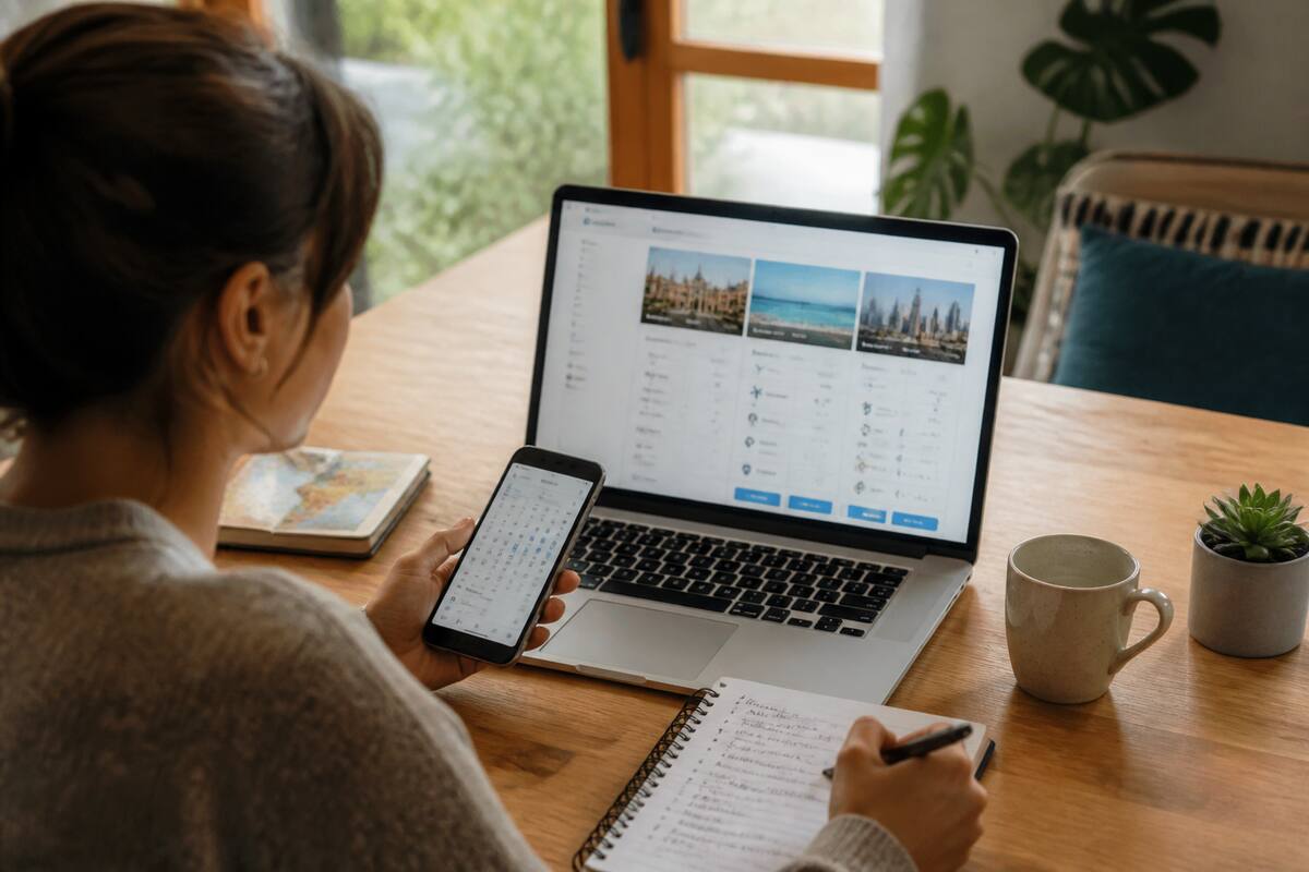 Iemand vergelijkt vakanties op een laptop met een notitieboek en smartphone